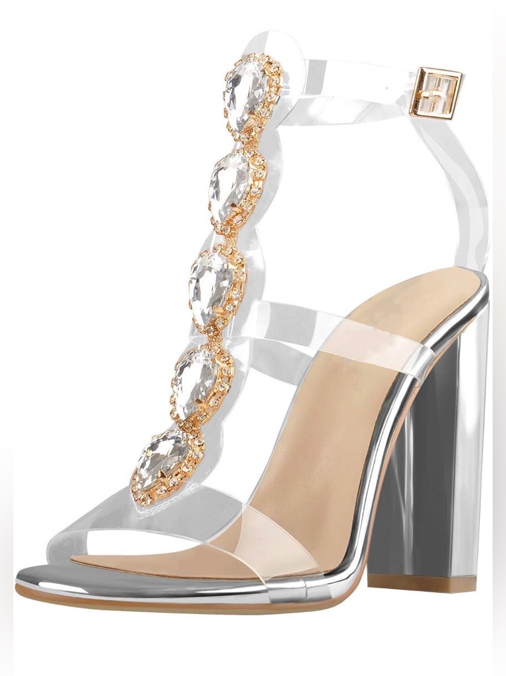 Amazon Clear T-Strap High Heel Sandal with Gold Crystal Accents